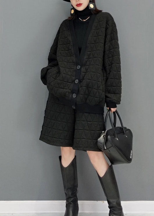 Fashion Black V Neck Fine Cotton Filled Two Pieces Set Winter - Down Jackets - DYAVOR®