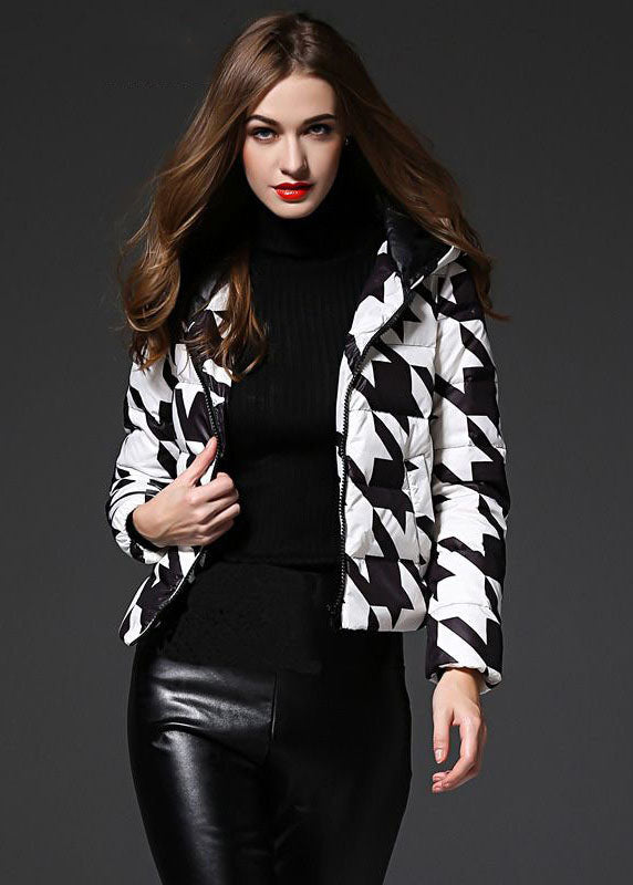Fashion Black White Plaid Hooded Zippered Duck Down Puffer Jacket Winter - Down Jackets - DYAVOR®