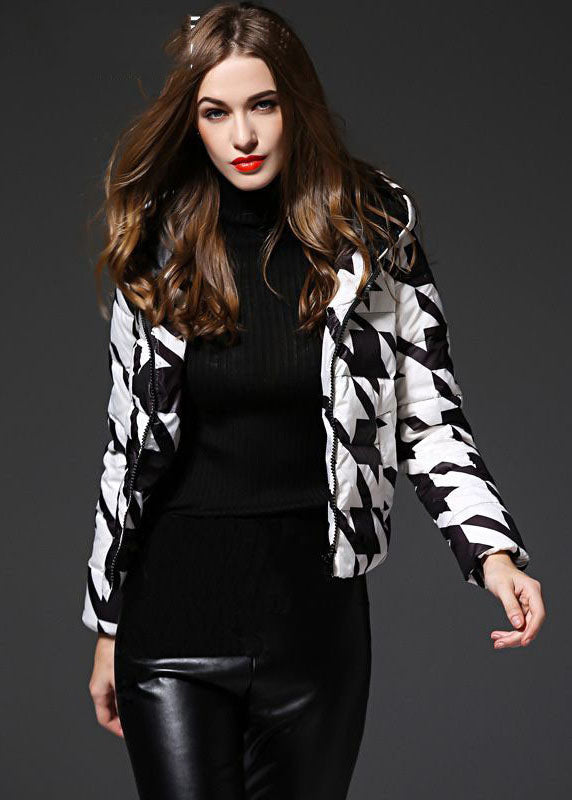 Fashion Black White Plaid Hooded Zippered Duck Down Puffer Jacket Winter - Down Jackets - DYAVOR®