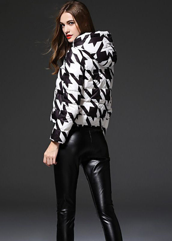 Fashion Black White Plaid Hooded Zippered Duck Down Puffer Jacket Winter - Down Jackets - DYAVOR®