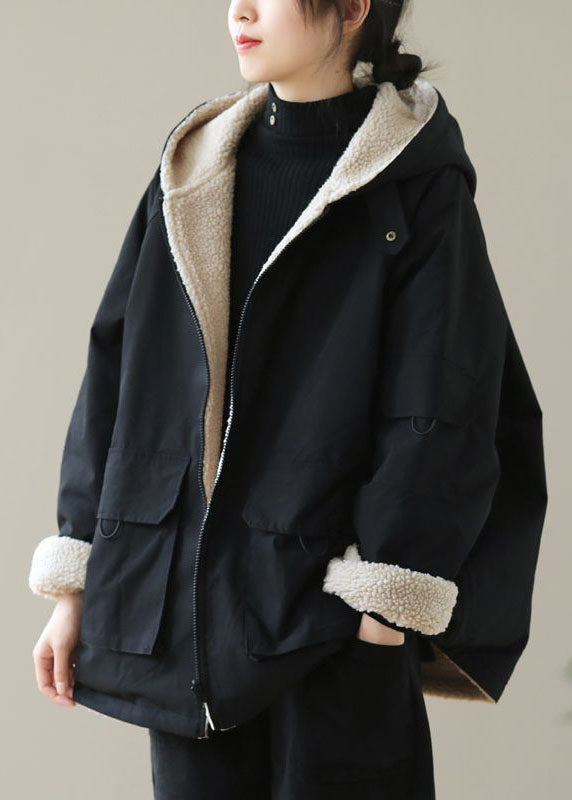Fashion Black Zip Up Pockets Thick Fuzzy Wool Lined Cotton Hoodie Coat Winter - Down Jackets - DYAVOR®