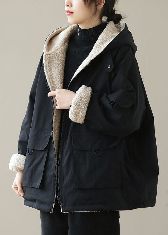 Fashion Black Zip Up Pockets Thick Fuzzy Wool Lined Cotton Hoodie Coat Winter - Down Jackets - DYAVOR®