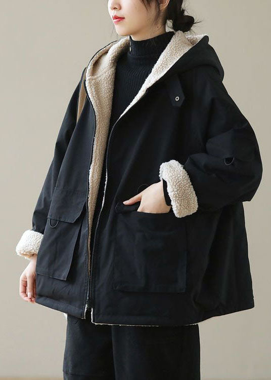 Fashion Black Zip Up Pockets Thick Fuzzy Wool Lined Cotton Hoodie Coat Winter - Down Jackets - DYAVOR®