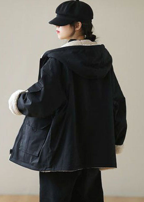 Fashion Black Zip Up Pockets Thick Fuzzy Wool Lined Cotton Hoodie Coat Winter - Down Jackets - DYAVOR®