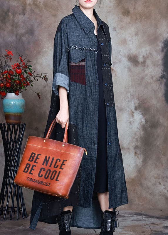 Fashion Blue PeterPan Collar Plaid Patchwork denim Winter Coat - Trench coats - DYAVOR®