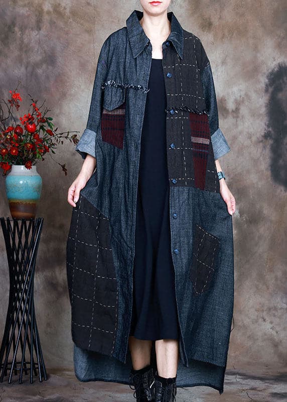 Fashion Blue PeterPan Collar Plaid Patchwork denim Winter Coat - Trench coats - DYAVOR®
