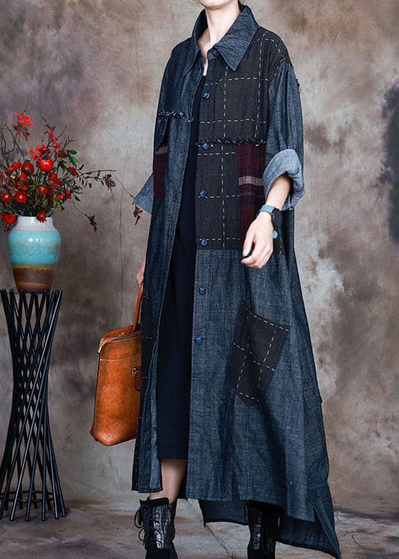Fashion Blue PeterPan Collar Plaid Patchwork denim Winter Coat - Trench coats - DYAVOR®