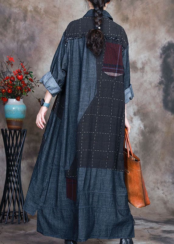 Fashion Blue PeterPan Collar Plaid Patchwork denim Winter Coat - Trench coats - DYAVOR®