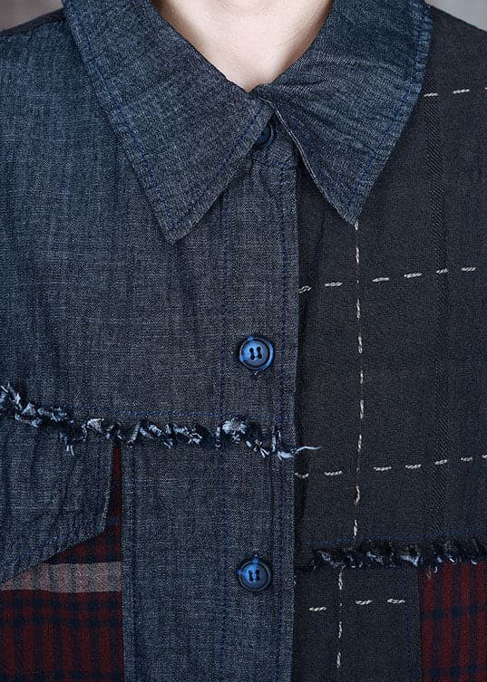Fashion Blue PeterPan Collar Plaid Patchwork denim Winter Coat - Trench coats - DYAVOR®