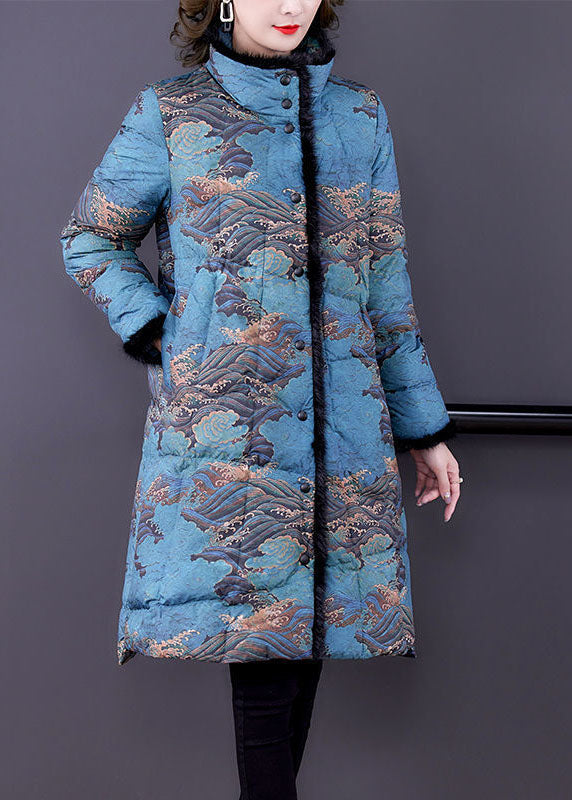 Fashion Blue Faux Fur Collar Print Fine Cotton Filled Puffer Coats Winter - Down Jackets - DYAVOR®