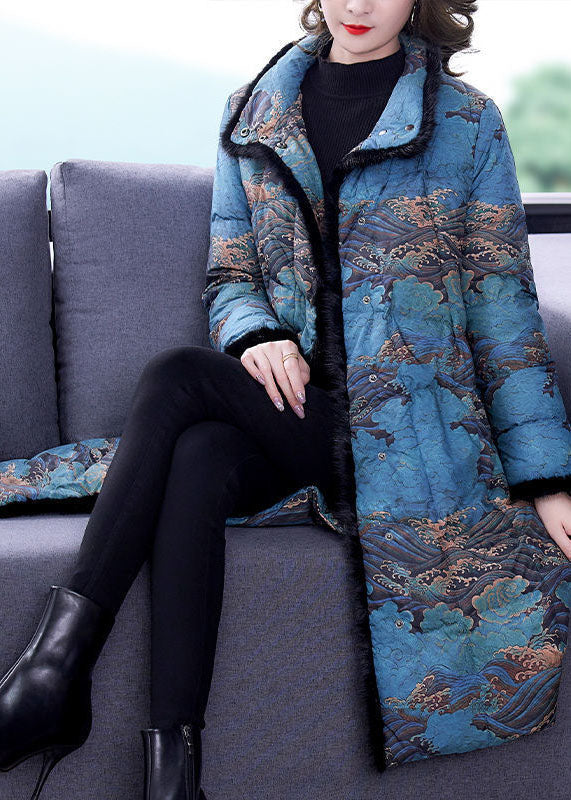Fashion Blue Faux Fur Collar Print Fine Cotton Filled Puffer Coats Winter - Down Jackets - DYAVOR®