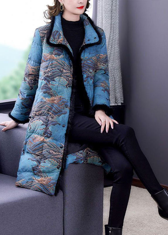 Fashion Blue Faux Fur Collar Print Fine Cotton Filled Puffer Coats Winter - Down Jackets - DYAVOR®
