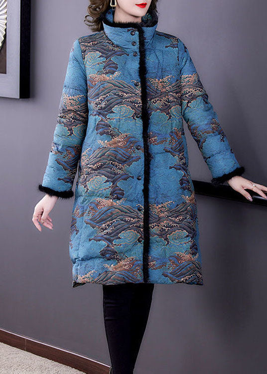 Fashion Blue Faux Fur Collar Print Fine Cotton Filled Puffer Coats Winter - Down Jackets - DYAVOR®