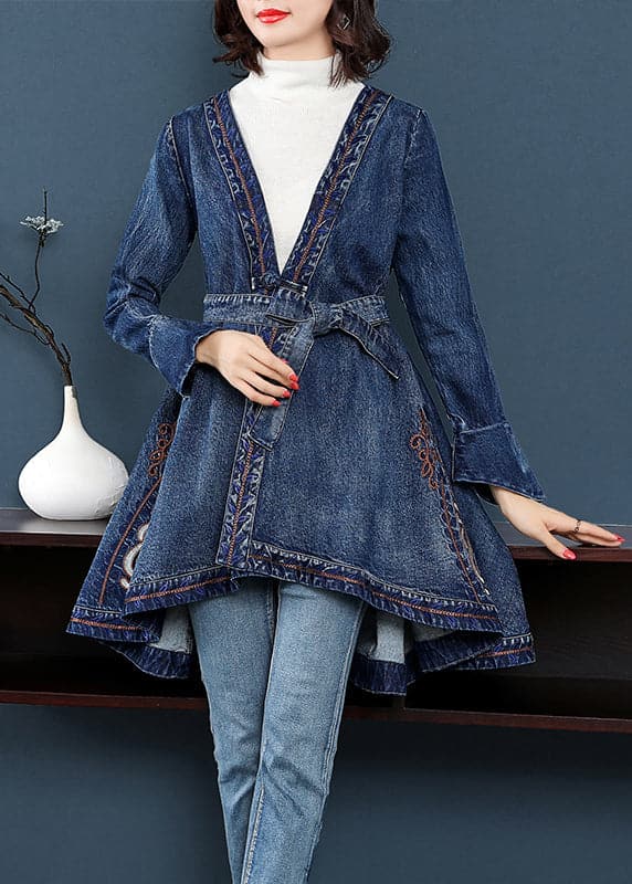 Fashion Blue low high design V Neck Embroideried Cotton Denim trench coats Long Sleeve - Trench coats - DYAVOR®