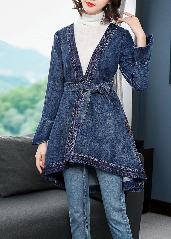 Fashion Blue low high design V Neck Embroideried Cotton Denim trench coats Long Sleeve - Trench coats - DYAVOR®