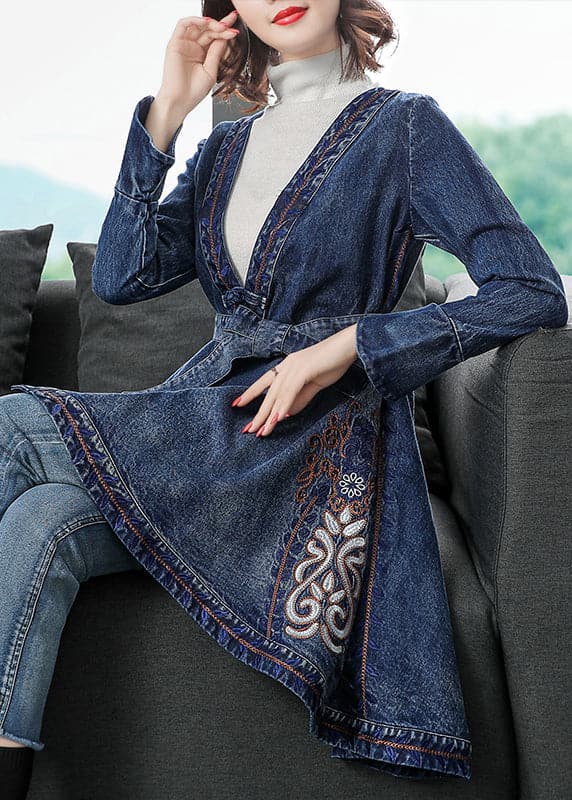 Fashion Blue low high design V Neck Embroideried Cotton Denim trench coats Long Sleeve - Trench coats - DYAVOR®