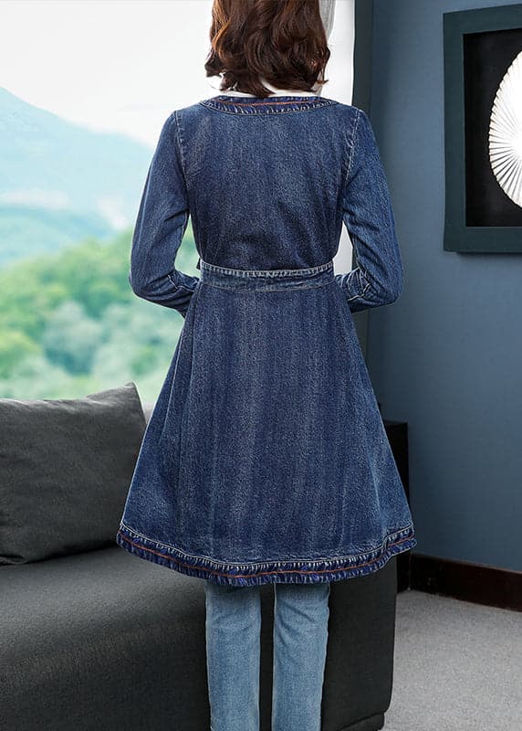 Fashion Blue low high design V Neck Embroideried Cotton Denim trench coats Long Sleeve - Trench coats - DYAVOR®