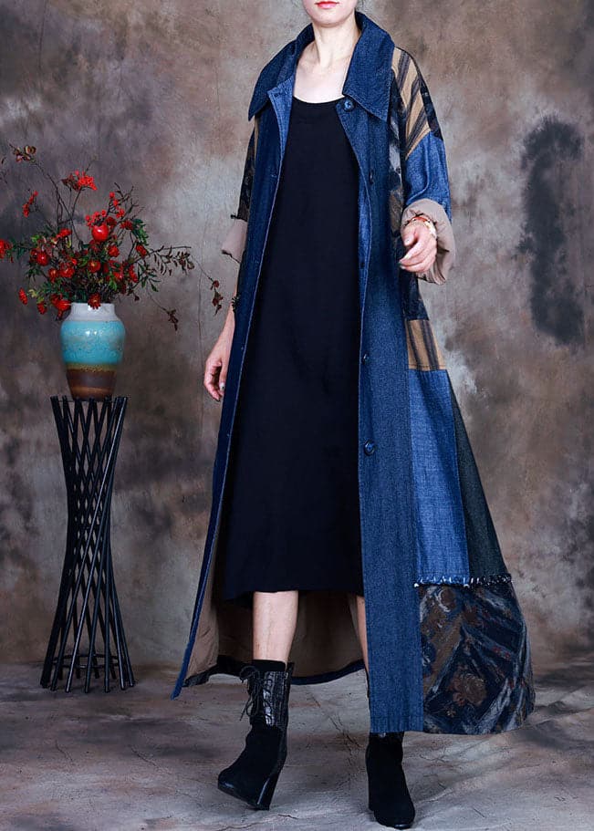 Fashion Blue tie waist Peter Pan Collar Patchwork Cotton denim Trench Spring - Trench coats - DYAVOR®