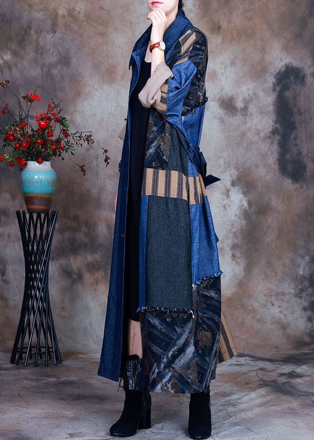 Fashion Blue tie waist Peter Pan Collar Patchwork Cotton denim Trench Spring - Trench coats - DYAVOR®