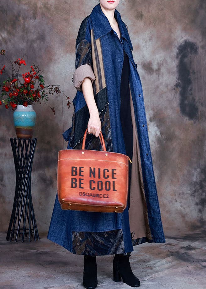 Fashion Blue tie waist Peter Pan Collar Patchwork Cotton denim Trench Spring - Trench coats - DYAVOR®
