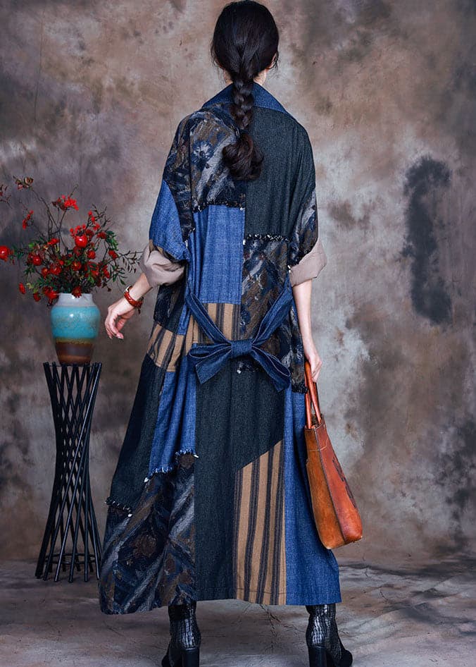 Fashion Blue tie waist Peter Pan Collar Patchwork Cotton denim Trench Spring - Trench coats - DYAVOR®