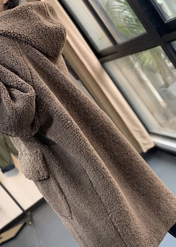 Fashion Chocolate Hooded Oversized Teddy Faux Fur Long Coats Winter - Down Jackets - DYAVOR®