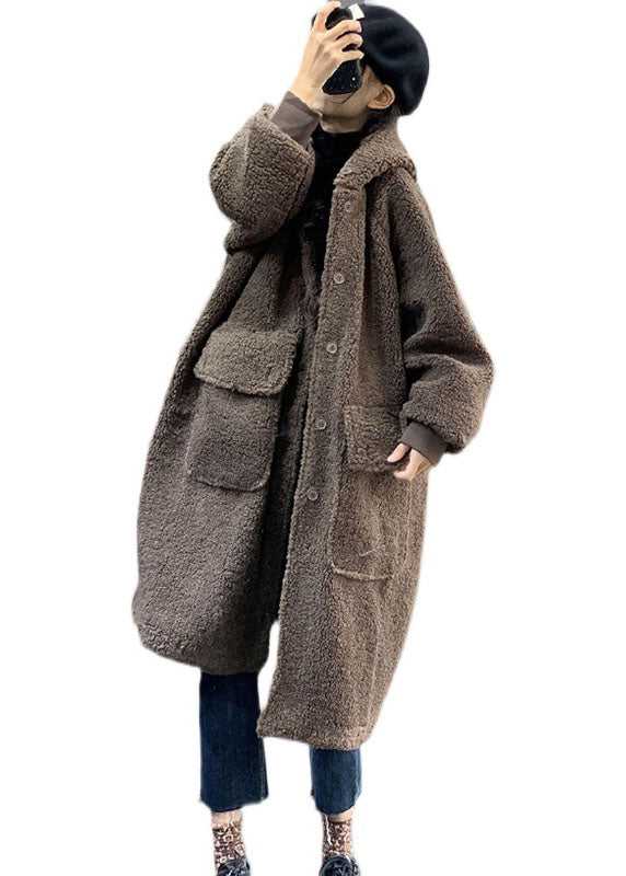 Fashion Chocolate Hooded Oversized Teddy Faux Fur Long Coats Winter - Down Jackets - DYAVOR®