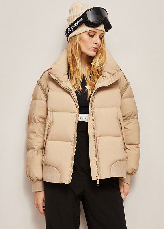 Fashion Khaki Stand Collar Zip Up Thick Duck Down Puffer Jacket Winter - Down Jackets - DYAVOR®