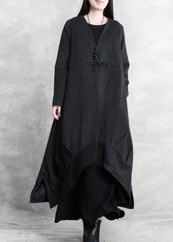 Fashion Loose fitting trench coat black striped v neck patchwork Woolen Coats Women - - DYAVOR®