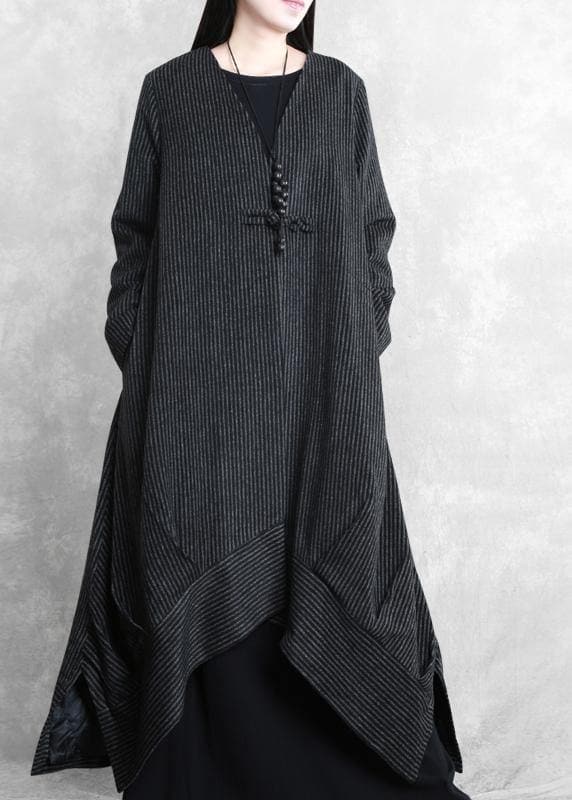 Fashion Loose fitting trench coat black striped v neck patchwork Woolen Coats Women - - DYAVOR®