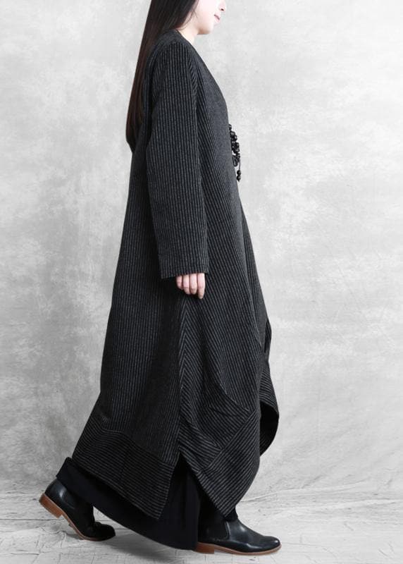 Fashion Loose fitting trench coat black striped v neck patchwork Woolen Coats Women - - DYAVOR®