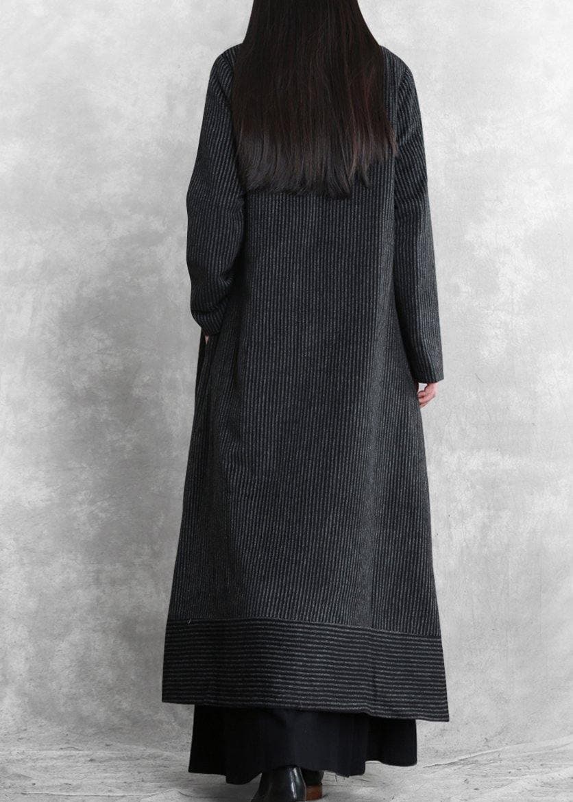 Fashion Loose fitting trench coat black striped v neck patchwork Woolen Coats Women - - DYAVOR®