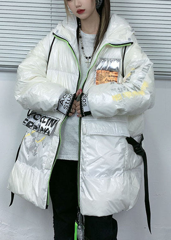 Fashion White zippered Hooded Print Duck Down coats Winter - Down Jackets - DYAVOR®