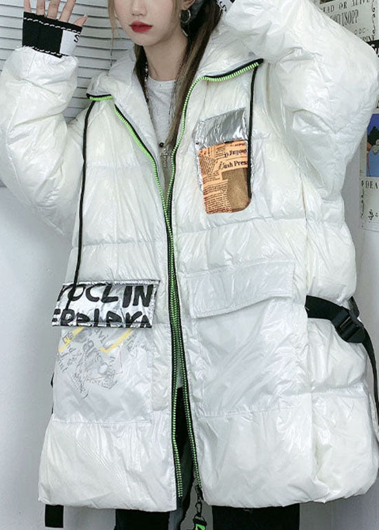 Fashion White zippered Hooded Print Duck Down coats Winter - Down Jackets - DYAVOR®