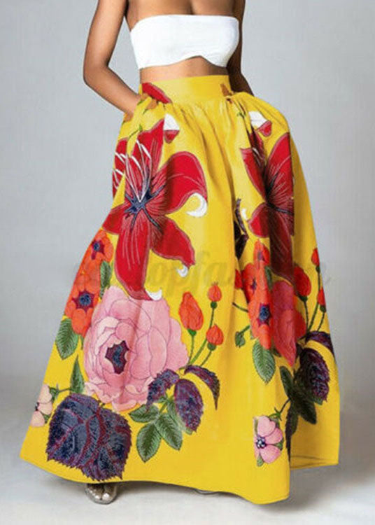 Fashion Yellow Elastic Waist Pockets Print Cotton Skirts Summer - Skirts - DYAVOR®