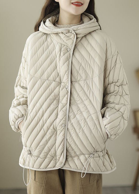Fine Beige Hooded Drawstring Duck Down Puffer Coat Winter - Down Jackets - DYAVOR®