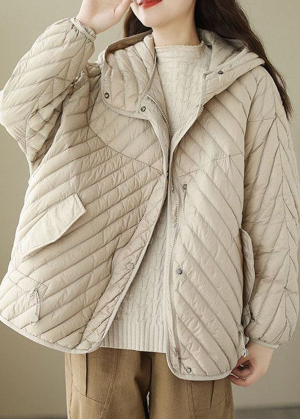 Fine Beige Hooded Drawstring Duck Down Puffer Coat Winter - Down Jackets - DYAVOR®