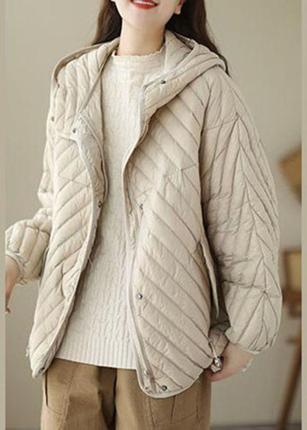 Fine Beige Hooded Drawstring Duck Down Puffer Coat Winter - Down Jackets - DYAVOR®