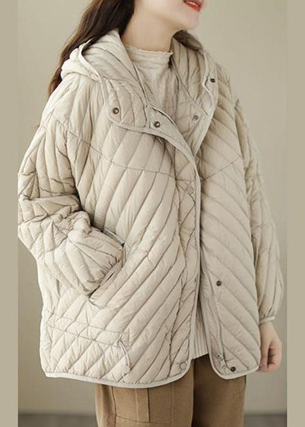 Fine Beige Hooded Drawstring Duck Down Puffer Coat Winter - Down Jackets - DYAVOR®