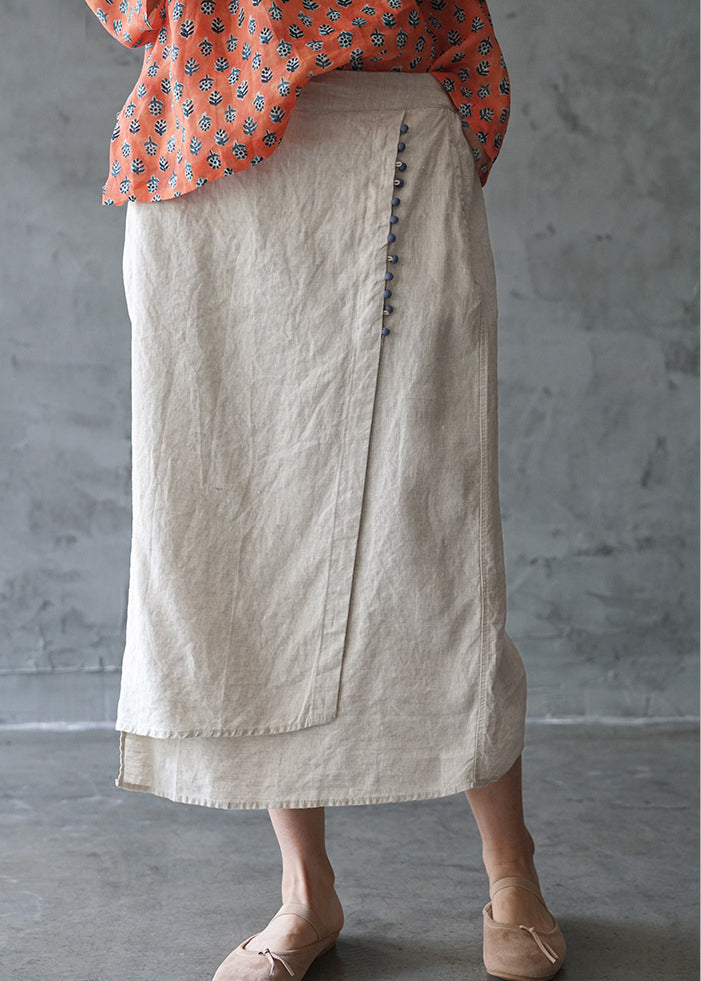 Fine Beige elastic waist asymmetrical design pocket Linen Skirts Spring - Skirts - DYAVOR®