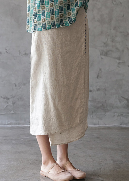 Fine Beige elastic waist asymmetrical design pocket Linen Skirts Spring - Skirts - DYAVOR®