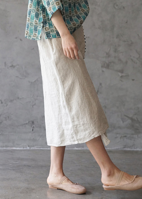 Fine Beige elastic waist asymmetrical design pocket Linen Skirts Spring - Skirts - DYAVOR®