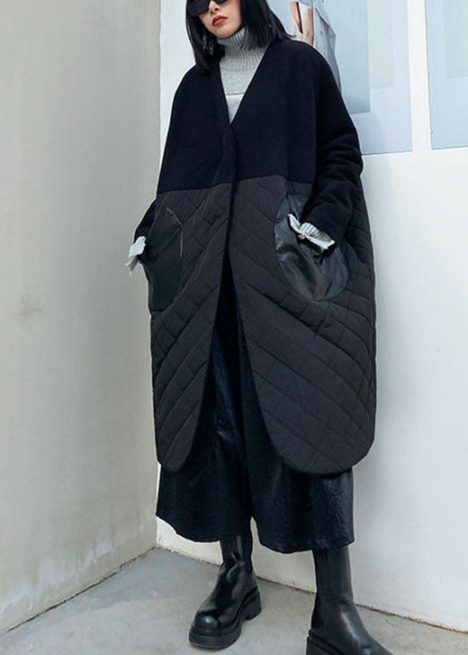 Fine Black Woolen Patchwork PU Pockets Winter Cotton Parka coat - Down Jackets - DYAVOR®