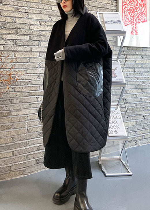 Fine Black Woolen Patchwork PU Pockets Winter Cotton Parka coat - Down Jackets - DYAVOR®