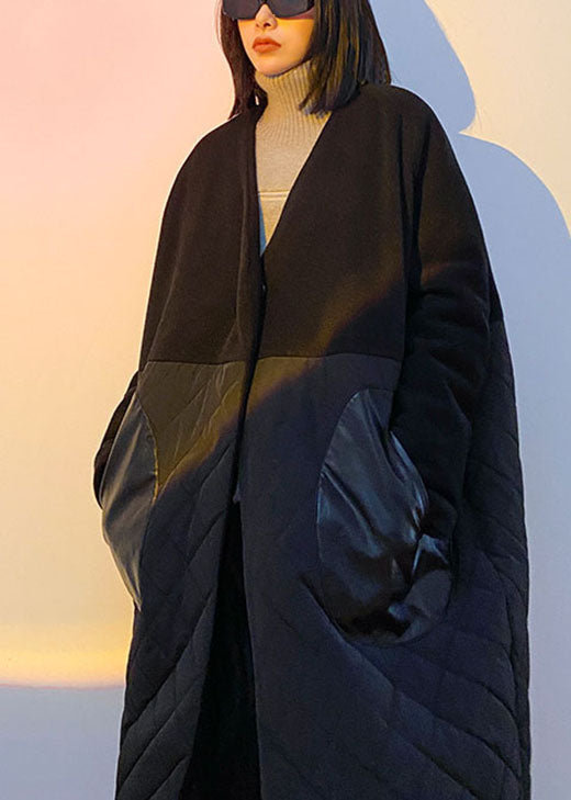 Fine Black Woolen Patchwork PU Pockets Winter Cotton Parka coat - Down Jackets - DYAVOR®