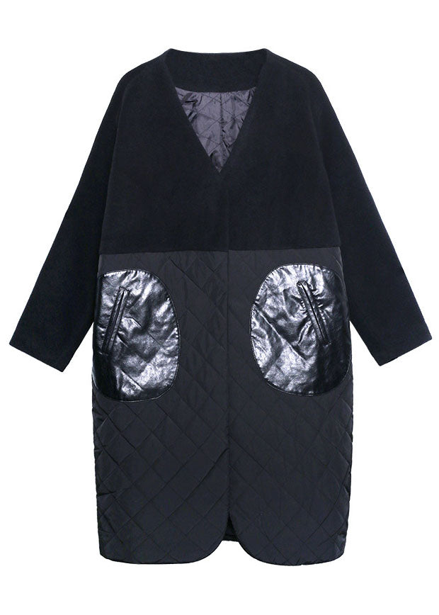 Fine Black Woolen Patchwork PU Pockets Winter Cotton Parka coat - Down Jackets - DYAVOR®
