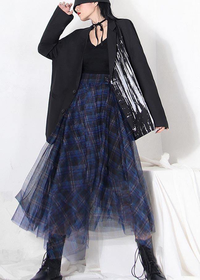 Fine Blue Plaid Button Asymmetrical Summer Skirt - Skirts - DYAVOR®