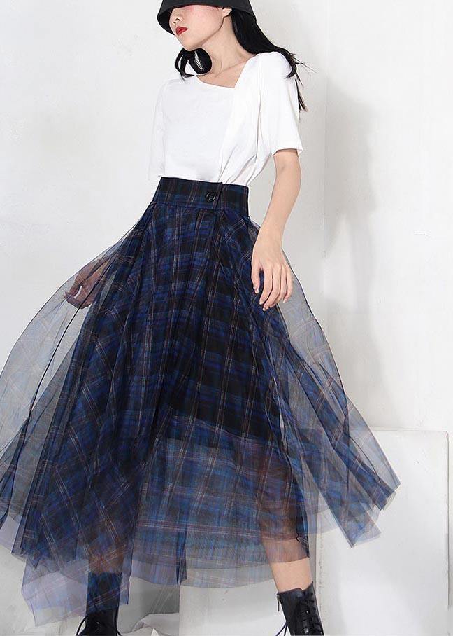 Fine Blue Plaid Button Asymmetrical Summer Skirt - Skirts - DYAVOR®