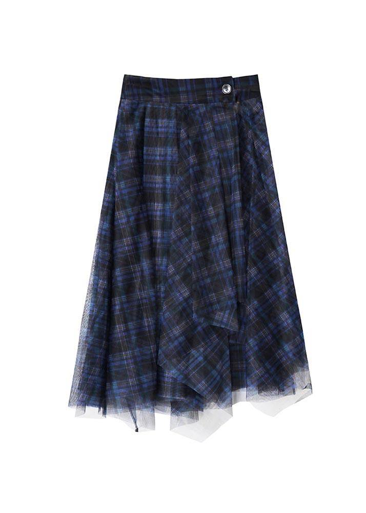 Fine Blue Plaid Button Asymmetrical Summer Skirt - Skirts - DYAVOR®