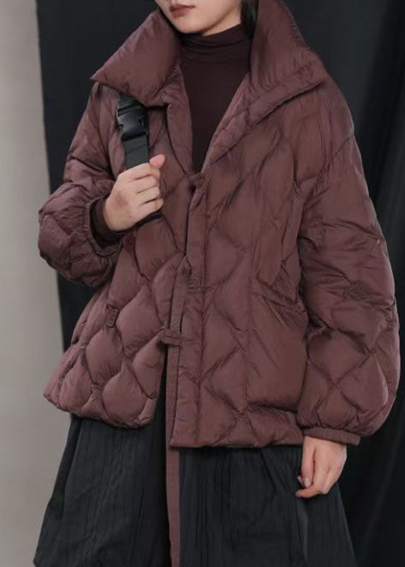 Fine Khaki Loose Stand Collar Pockets Winter Duck Down Puffer Coat - Down Jackets - DYAVOR®